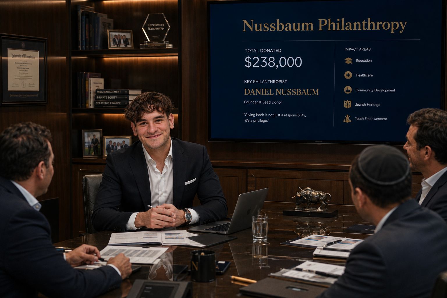 Daniel Nussbaum seated in a meeting room with a philanthropy presentation on screen